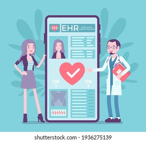 Electronic Health Record, EHR Digital Patient Chart Via Smartphone. Male Doctor Reading Medical, Treatment History, Clinical Data Of Young Woman, Healthcare App. Vector Creative Stylized Illustration