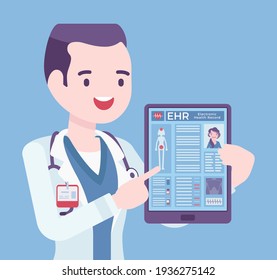 Electronic Health Record, EHR Digital Patient Tablet Chart, Male Doctor. Young Man Holding Device With Clinical Data, Medical And Treatment History Application. Vector Creative Stylized Illustration