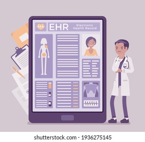 Electronic Health Record, EHR Digital Patient Tablet Chart, Male Doctor. New Technology To Replace Paper Clinical Data, Medical Treatment History Application. Vector Creative Stylized Illustration