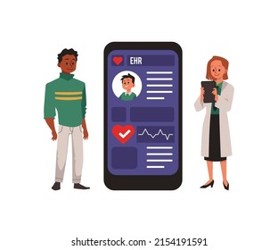 Elektronische Krankenakte oder digitale EHR-Karte auf Mobiltelefon und Arzt- und Patientenzeichen, flache Vektorgrafik einzeln auf weißem Hintergrund.