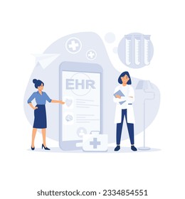 Electronic health record, EHR digital patient chart via smartphone.  flat vector modern illustration