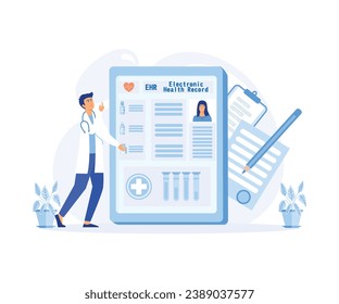  Electronic health record, EHR digital patient tablet chart, male doctor. New technology to replace paper clinical data.lat vector modern illustration 