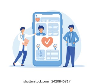 Electronic health record, EHR digital patient chart on smartphone. Male doctor reading medical, treatment history, clinical data of young man, healthcare app. flat vector modern illustration