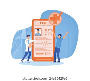 Elektronische Musik-Krankenakte, EHR-Digitalpatientenkarte auf Smartphone. Medizinische Lektüre, Behandlungsgeschichte, Klinische Daten des jungen Mannes, Healthcare App. Flat Vektorgrafik Modern Illustration 