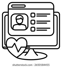 Electronic health record icon represented by monitor,dashboard avatar checklist,heartbeat Line style.