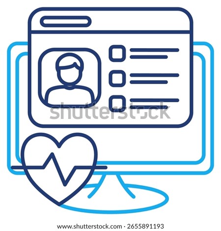 Electronic health record icon represented by monitor,dashboard avatar checklist,heartbeat Dual Line style.