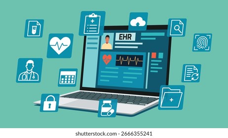 Electronic health record interface on laptop screen in angle position with floating medical icon, flat vector illustration	