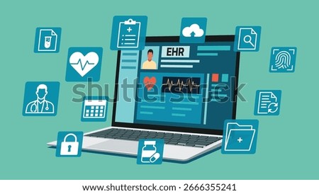 Electronic health record interface on laptop screen in angle position with floating medical icon, flat vector illustration	
