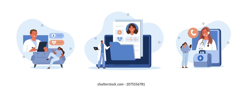 Electronic health record and online medical services illustration set. Doctor in hospital reading patient EMRs. Patients having online consultations with medical specialists. Vector illustration.