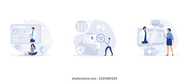 Electronic health record and online medical services, Patients having online consultations with medical specialists. set flat vector modern illustration  