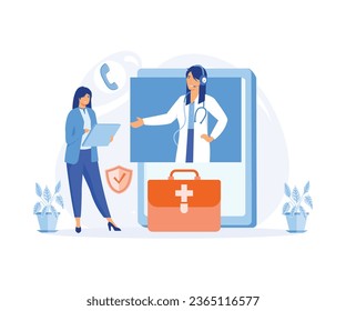 Electronic health record and online medical services, Patients having online consultations with medical specialists. flat vector modern illustration