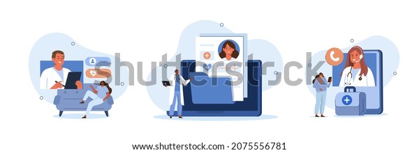 Electronic health record and online medical\
services illustration set. Doctor in hospital reading patient EMRs.\
Patients having online consultations with medical specialists.\
Vector\
illustration.