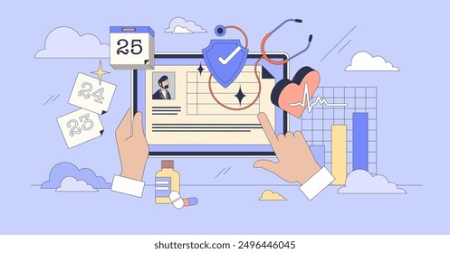 Electronic health record with patient medical data tiny person neubrutalism concept. EHR platform with prescriptions, diagnosis and treatment information vector illustration. Healthcare database.