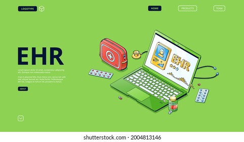 Electronic Health Record Website. Online Patient Medical Report, Healthcare Data In Digital File. Vector Landing Page Of EHR With Isometric First Aid Kit And Laptop With Patient Profile On Screen