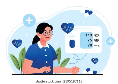 Elektronische Gesundheitsakte. Junge Mädchen bewertet Indikatoren des Körpers, macht Diagnose. Gesundheitsversorgung und regelmäßige Kontrollen, Gadgets und Geräte. Patientenprogramme. Cartoon-Flavektor-Vektorgrafik