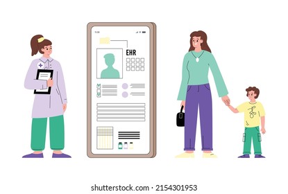 Electronic Health Records Abstract Flat Vector Illustration Isolated On White Background. Doctor Meeting Woman With Child. Online Health Information In Smartphone.