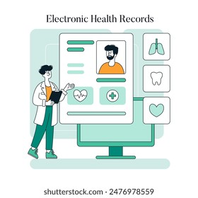 Electronic Health Records concept. Doctor reviews a digital patient profile on a large computer screen. Interactive medical data management. Vector illustration.