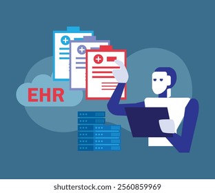 Electronic Health Records (EHR) with AI Technology and Cloud Data Management 2d flat vector illustrations