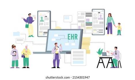 Electronic health records infographic with laptop and smartphones, flat vector illustration on white background. Patients and doctors get the information about health condition online.