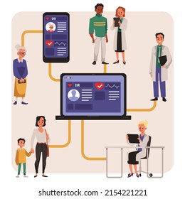 Electronic health records infographic with patients and doctors checking online app, flat vector illustration. Laptop and smartphone with medical data about health conditions of men and women.