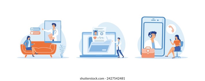 Electronic health records and online medical services, Doctor in hospital reading patient's EMR, Patients have online consultations with medical specialists. 