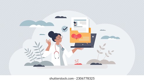 Electronic health records and patient medical data folder tiny person concept. Healthcare digitization as checkup, examination and treatment history vector illustration. Technological e-health system