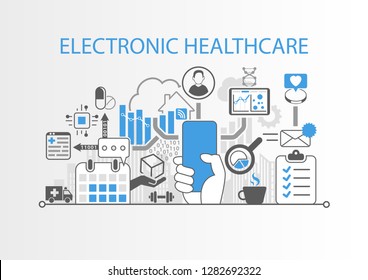 Electronic healthcare concept with hand holding modern bezel free smart phone