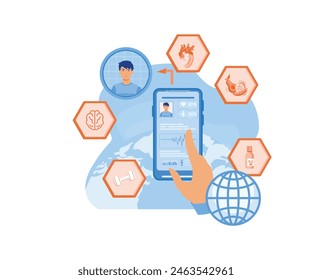 Electronic healthcare concept with hand holding bezel free smart phone. flat vector modern illustration 