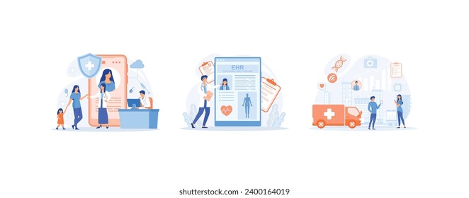 Salud electrónica. Nueva tecnología para reemplazar datos clínicos en papel, aplicación de historial de tratamiento médico. Indicación moderna del vector plano de la asistencia sanitaria electrónica