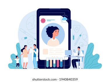 Electronic Healthcare. Patient Health Record, Doctor Helping People. Ehr, Computer Medical Personal Profile Or Prescription Utter Vector Concept