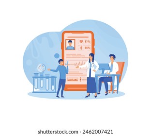 Electronic healthcare. Patient health record, doctor helping people. Ehr, computer medical personal profile or prescription utter concept. flat vector modern illustration 