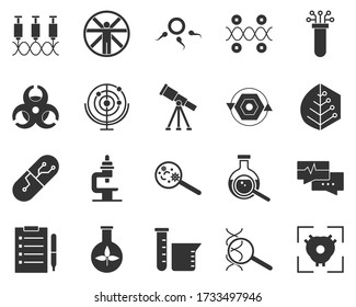 Electrónico, corazón, biología. Juego de iconos de glifos de bioingeniería. Biotecnología para la salud, investigación, creación de materiales. Biología molecular, ingeniería biomédica y molecular