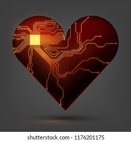 Electronic heart with a glowing microcircuit, love, technology, futuristic cardiology