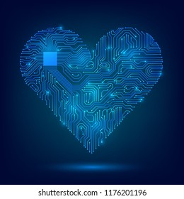 Electronic heart with a glowing microcircuit, love, technology, futuristic cardiology