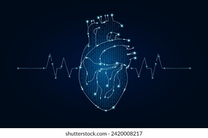 El corazón electrónico y la onda de pulso brillan entre líneas de conexión. Código del circuito de datos de microchips de órganos humanos. Ciencia médica de tecnología e innovación digital futurista de la atención de la salud. EPS10 vectores.