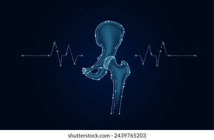 Electronic hip joint and pulse wave glowing between connecting lines. Human organ microchip data circuit code. Medical science of technology futuristic digital innovative health care. Vector EPS10.