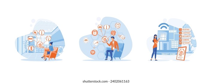 Electronic home devices. Smart home control function. Electric appliance control. Smart home set flat vector modern illustration 