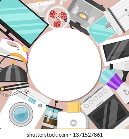Electronic household appliances round pattern vector illustration. Kitchen and bathroom equipment for house. Washing machine, vacuum cleaner, microwave oven, kettle, TV set, iron.