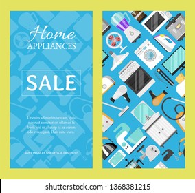 Electronic household appliances set of banners vector illustration. Kitchen and home equipment for house. Washing machine, vacuum cleaner, microwave oven, kettle, TV set, iron.
