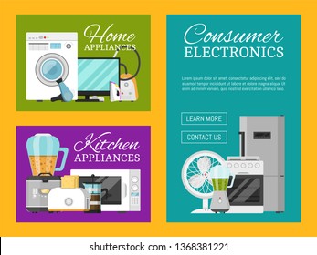 Electronic household appliances set of banners vector illustration. Kitchen and home equipment for house. Washing machine, vacuum cleaner, microwave oven, kettle, TV set, iron.