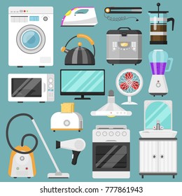 Electronic household appliances vector kitchen homeappliance for house set refrigerator or washing machine in electric shop and vacuum cleaner in appliancestore illustration isolated on background