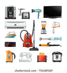 Electronic household equipment isolated on white. Equipment of household electric, blender and vacuum, vector illustration