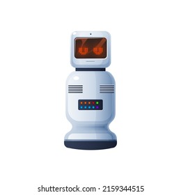 Robot aislado humanoide electrónico con pantalla en la cabeza y panel en el cuerpo. Asistente de casa robótica vectorial con tecnología de inteligencia artificial. Caricatura de un futuro robot, lindo ciborg