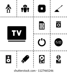 Electronic icon. collection of 13 electronic filled icons such as arm lever, flash drive, sim card, switch off, hard disc. editable electronic icons for web and mobile.