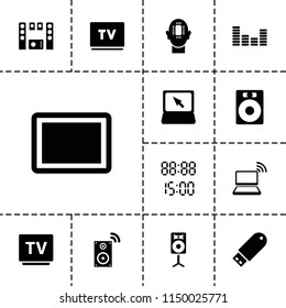 Electronic icon. collection of 13 electronic filled icons such as speaker, tv, tablet, laptop, flash drive, equalizer. editable electronic icons for web and mobile.
