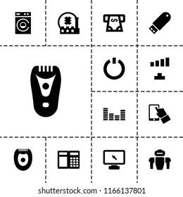 Electronic icon. collection of 13 electronic filled icons such as electric razor, atm money withdraw, signal, switch off, atm. editable electronic icons for web and mobile.