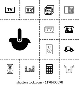 Electronic icon. collection of 13 electronic filled and outline icons such as tv, atm money withdraw, cpu in car, speaker. editable electronic icons for web and mobile.