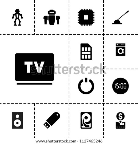 Electronic icon. collection of 13 electronic filled icons such as arm lever, flash drive, sim card, switch off, hard disc. editable electronic icons for web and mobile.