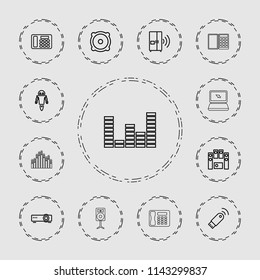 Electronic icon. collection of 13 electronic outline icons such as speaker, loud speaker set, desk phone, intercom, usb signal. editable electronic icons for web and mobile.