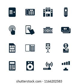Electronic icon. collection of 16 electronic filled icons such as signal, speaker, desk phone, sim card, calculator. editable electronic icons for web and mobile.